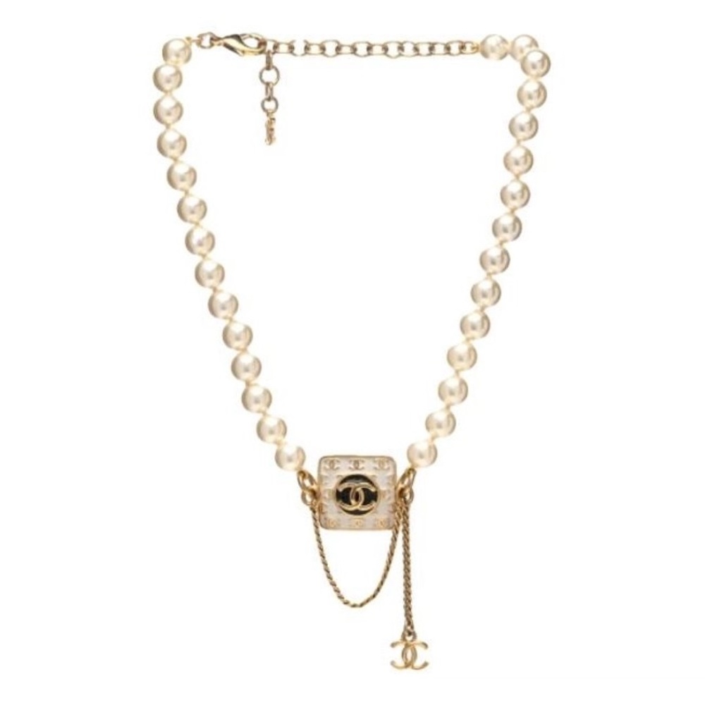 CHANEL Cream Pearl Necklace with Gold CC Square and Tassel